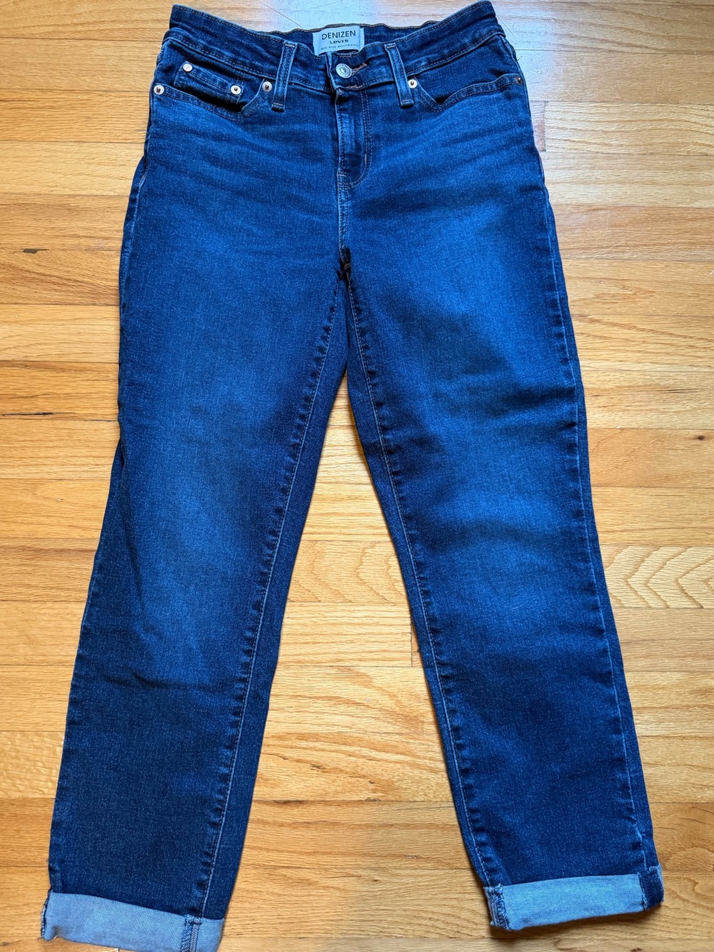 Denizen from Levi's Women's Dark Blue Mid-Rise Boyfriend Jeans with bottom cuffs